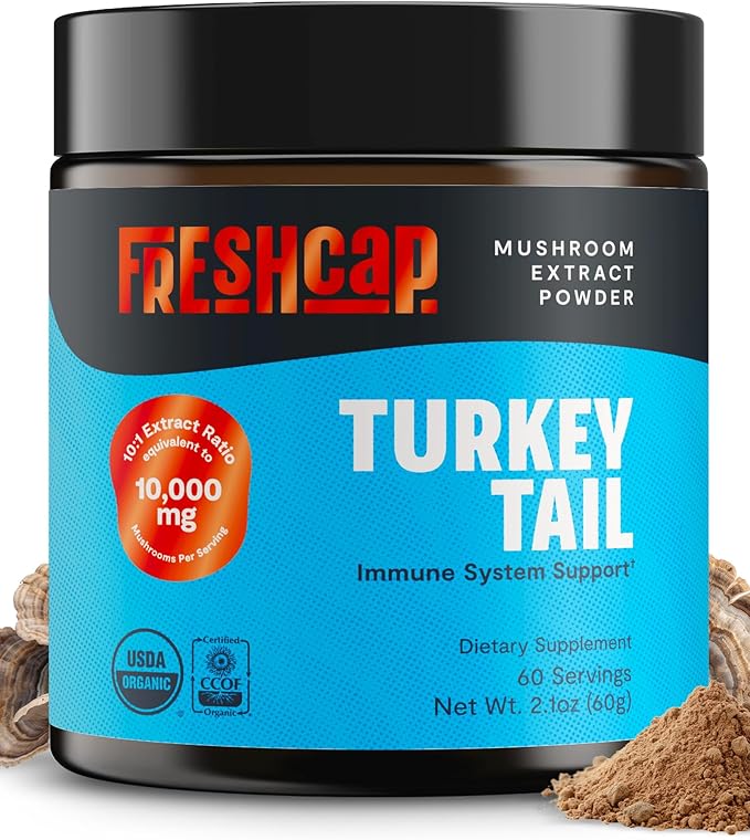 FreshCap Mushrooms Ayurveda Turkey Tail Mushroom Powder 10000mg - Turkey Tail Supplement Mushroom Extract for Immune Support Nootropic Supplement (60 Servings)