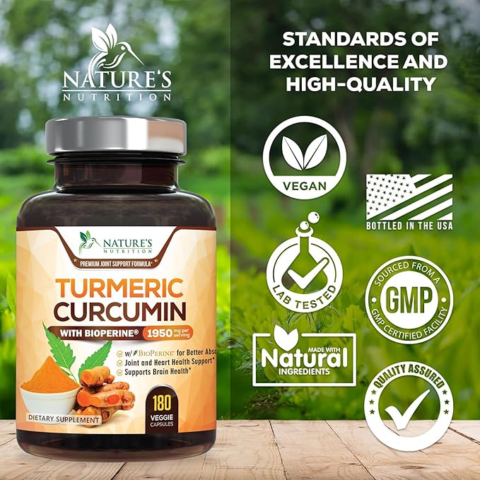 Turmeric Curcumin Supplement 95% Curcuminoids - 1800mg Organic Turmeric Per Serving - BioPerine Black Pepper Extract for Best Absorption Natural Joint Support Non-GMO Bottled in USA - 180 Capsules