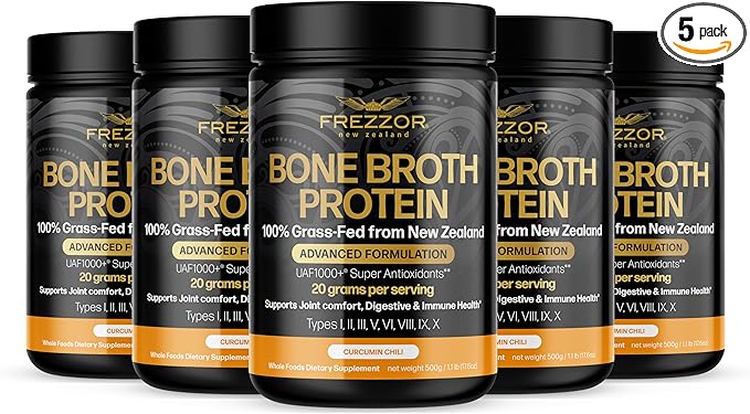 FREZZOR 100% Grass-Fed Collagen Protein Bone Broth with UAF1000+ Peptides Type I II III V VI VIII IX Anti-Aging Improves Digestion Curcumin Chili Flavor 17.6 Ounce 5 Jars