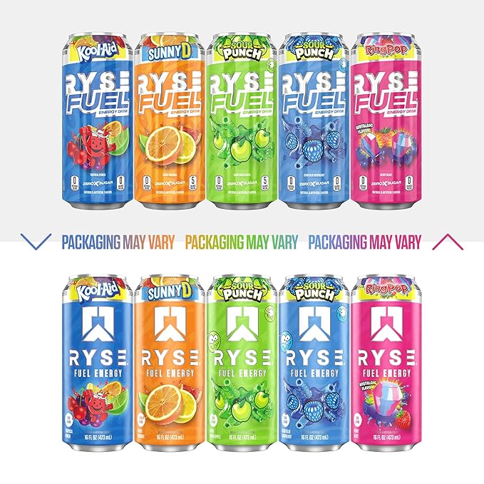 RYSE Fuel Energy Drink - Baja Cooler - Sugar Free Gluten Free &amp Vegan - 200mg Natural Caffeine Taurine &amp Choline for Focus &amp Energy - No Artificial Colors - 16 fl oz Cans (12-Pack)