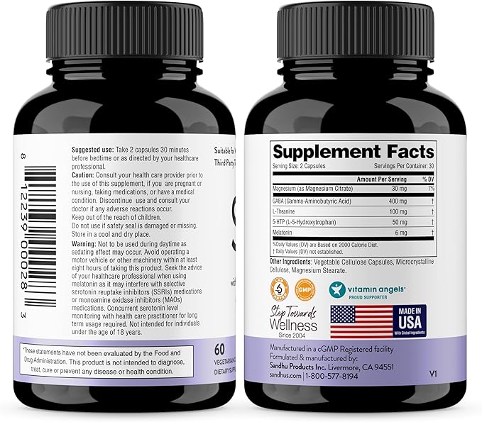 Sandhu's Sleep 60 Capsules –Non-Habit Forming 5-in-1 Sleep Aid Supplement with Melatonin Magnesium GABA L-Theanine &amp 5-HTP