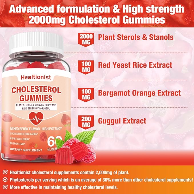 2 Packs Cholesterol Supplements with 2000 Mg Plant Sterols &amp Stanols Citrus Bergamot Red Yeast Rice Lowering Mixed Berry Flavor 120 Counts