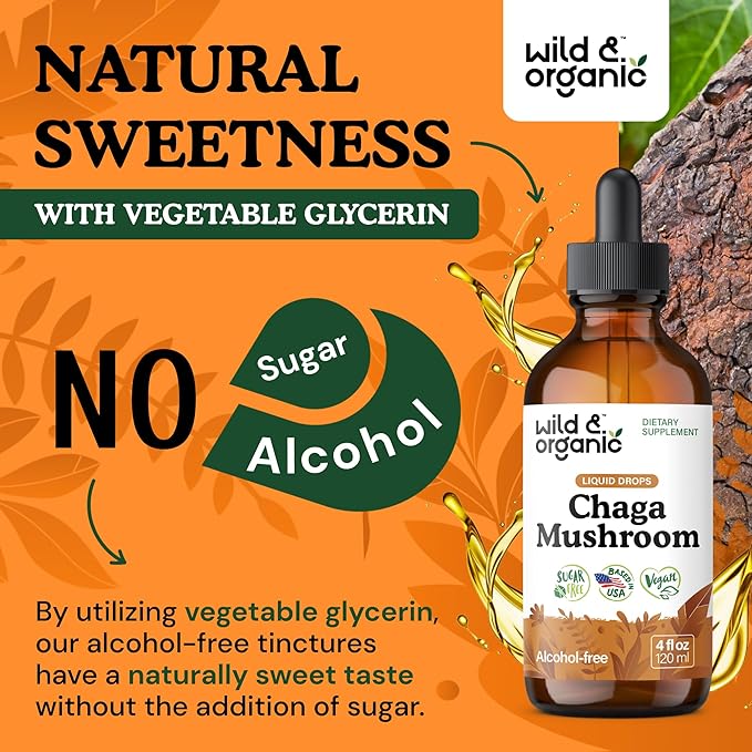 Wild &amp Organic Chaga Mushroom Drops - Immune Support with Chaga Extract - Liquid Mushroom Supplement for Immunity - Vegan Sugar &amp Alcohol-Free Tincture - 4 fl oz