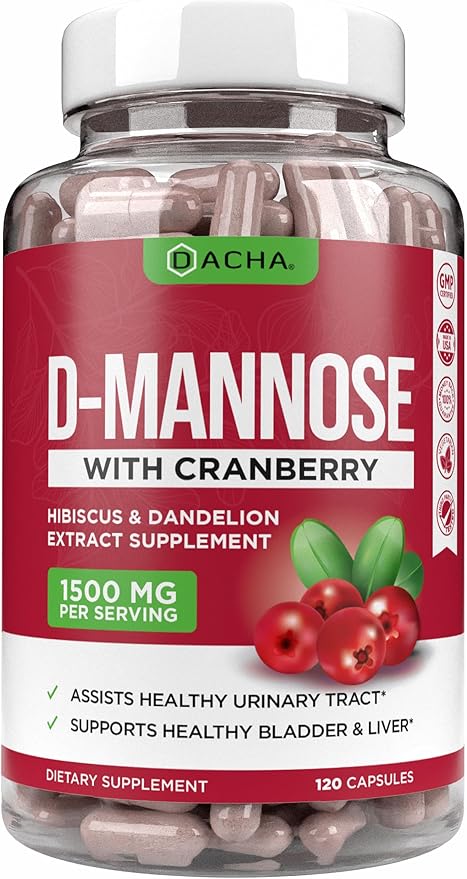 Natural D-Mannose Capsules 4-in-1 Formula - 120 CAPS 1500 MG Cranberry Dandelion Hibiscus Flower Extract Pills for Supporting Bladder and Urinary Tract Health