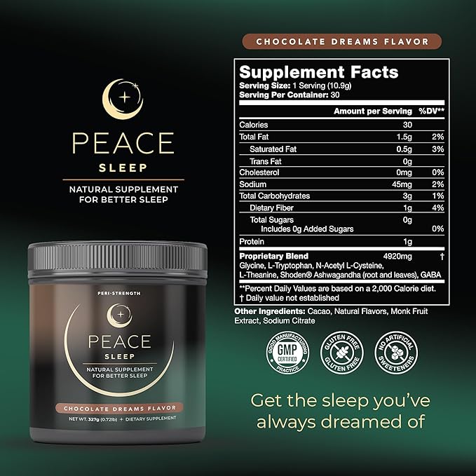 Peace Sleep - Sleep and Recovery Chocolate Powder Drink Mix - Sleep Aid Supplement with GABA L-Tryptophan L-Theanine Glycine - for Tranquil Sleep Restful Nights Productive Days - Gluten Free