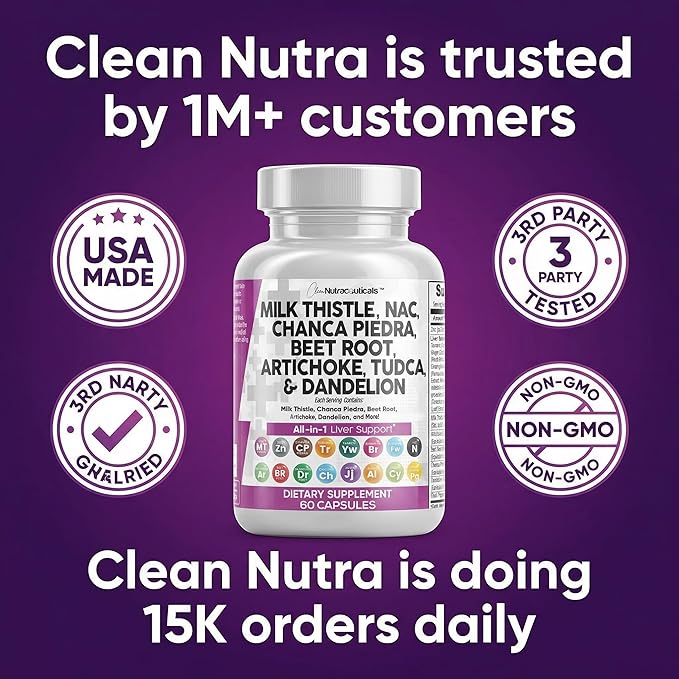 Clean Nutraceuticals Milk Thistle NAC Chanca Piedra Beet Root Artichoke Astragalus Dandelion Root - Liver Cleanse Detox &amp Repair Supplement Plus TUDCA Choline &amp Ginger - 1Pack
