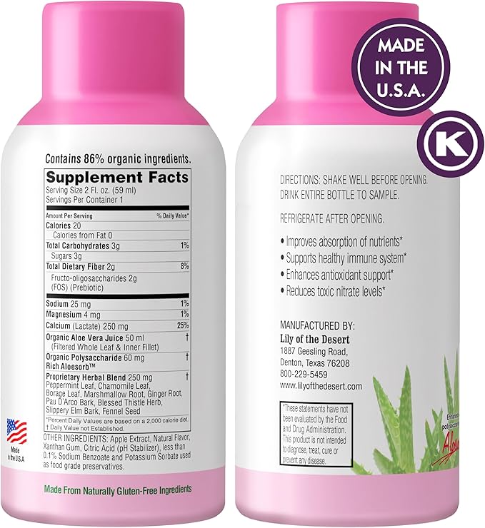 Lily of the Desert Stomach Formula Shot – Organic Aloe Vera Juice with FOS Prebiotic and a Proprietary Herbal Blend 2 Oz Each Pack of 12