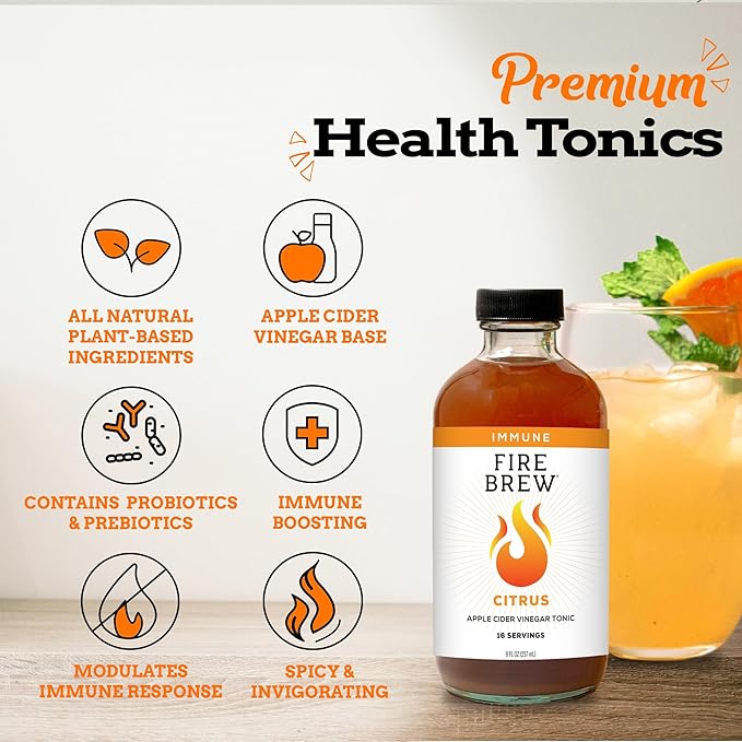 Fire Brew Immune - Citrus Apple Cider Vinegar Wellness Tonic | 16 Concentrated Shots of Healthiest Organic Ingredients to Strengthen Immune System and Improve Digestion – 8oz