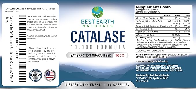 Best Earth Naturals Catalase Supplement 10000 with Saw Palmetto Biotin Fo-Ti PABA - Hair Supplements for Strong Hair - 60 Capsules