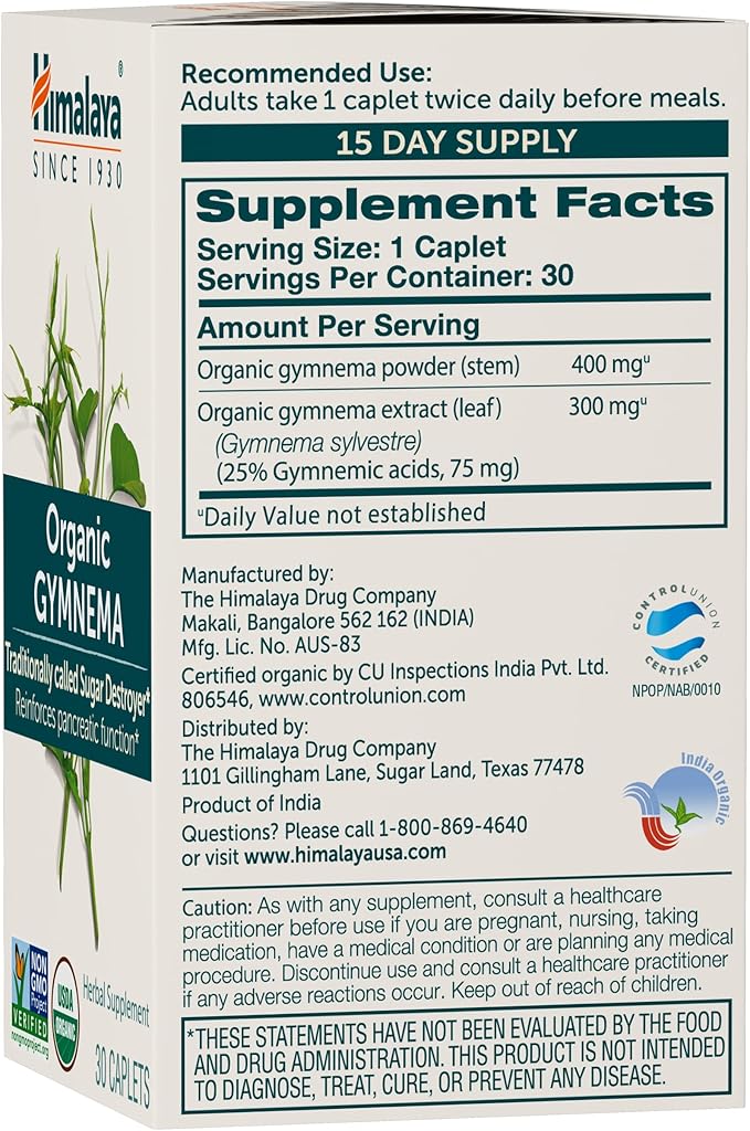 Himalaya Organic Gymnema Sylvestre – Herbal Glucose Metabolism Support - USDA Organic Non-GMO Vegan Gluten Free Additive Free 700 mg 30 Caplets (Pack of 2)