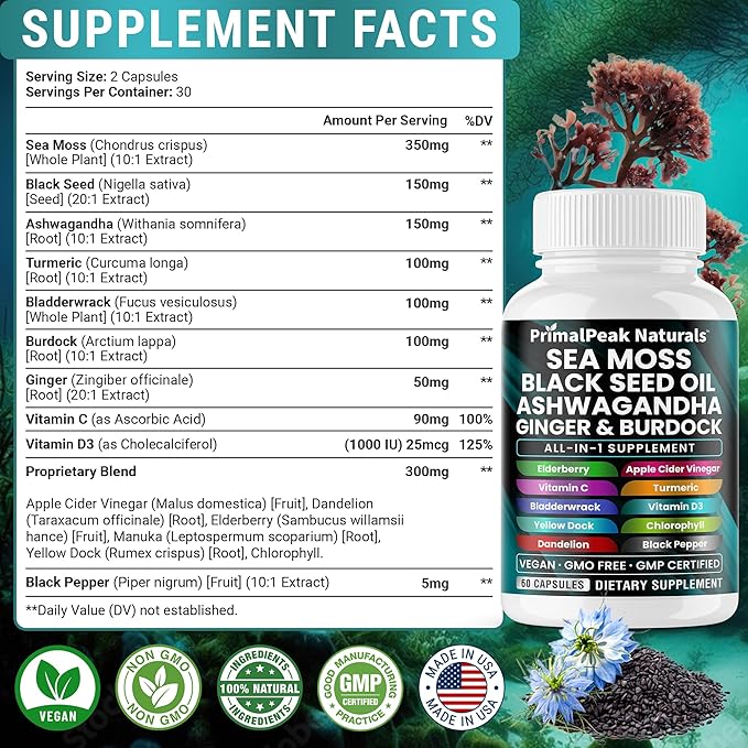 Sea Moss Black Seed Oil Ashwagandha Ginger Burdock Bladderwrack Turmeric &amp Vitamin C Vitamin D3 with ACV Elderberry Chlorophyll Dandelion Yellow Dock Vegan Capsules - 120 Count