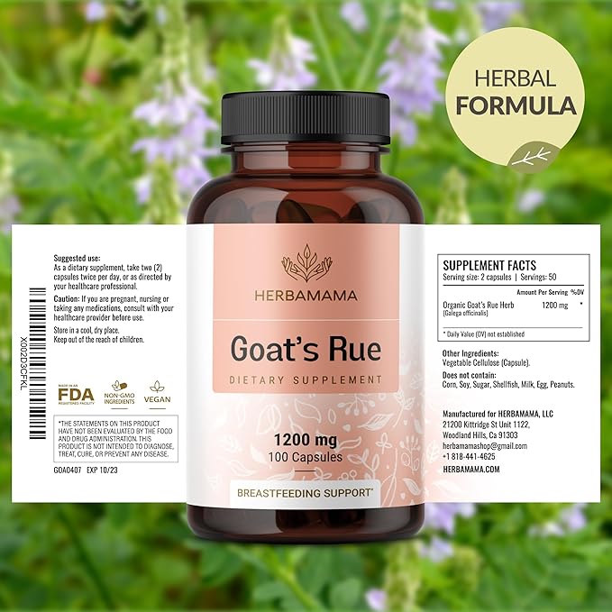 HERBAMAMA Goat's Rue Capsules - 1200mg Galega Officinalis for Mother's Breast Milk Lactation Support - Vegan Non-GMO Goats Rue Herb Lactation Supplement