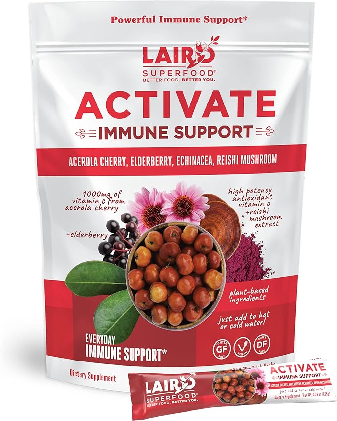 Laird Superfood Activate Immune Support Powder Drink Supplement 1000 mg of Vitamin C from Acerola Cherry Elderberry Echinacea and Reishi Mushroom 7.75 Gram Stick Pack of 10