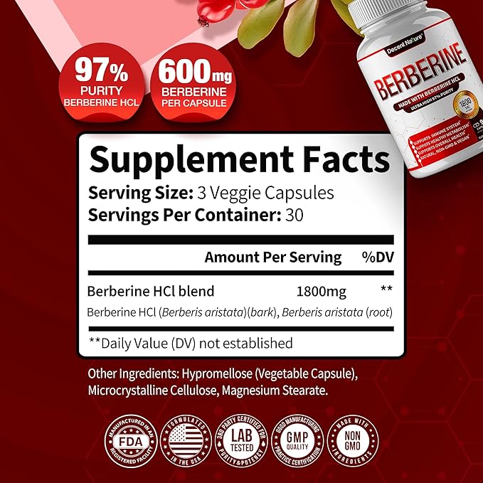 Berberine Supplement 1800mg - Premium Berberine HCl 97% High Purity Supports Immune System High Potency Hydrochloride &amp Extract Activates AMPK &amp GLP-1 Non-GMO Vegan for Men Woman 90 Capsu