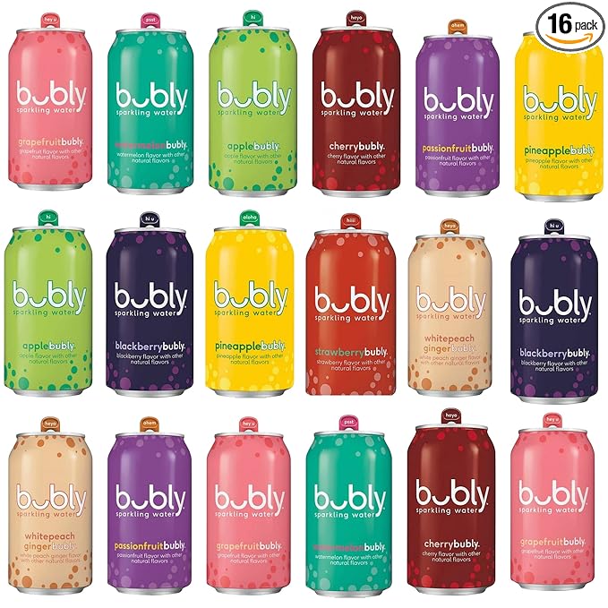 BEEQ- (Pack of 16) bubly Sparkling Water Berry Bliss Sampler 12 fl oz. Cans Multi Flavor Soft Drink Bundle | Assortment Soda Refrigerator Restock Kit of Soda