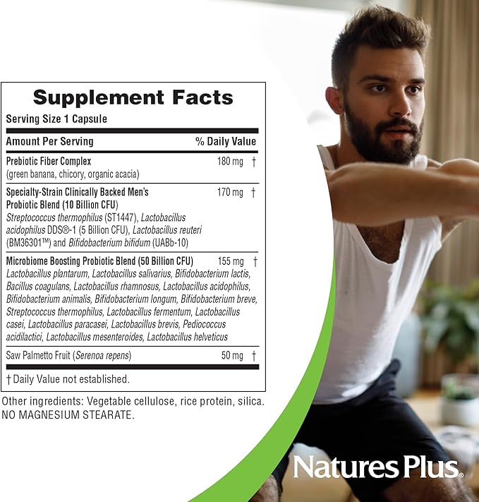 NaturesPlus GI Natural Probiotic Men - 30 Capsules - Digestive &amp Prostate Health Immune Strength - Includes Saw Palmetto - Gluten Free - 30 Servings
