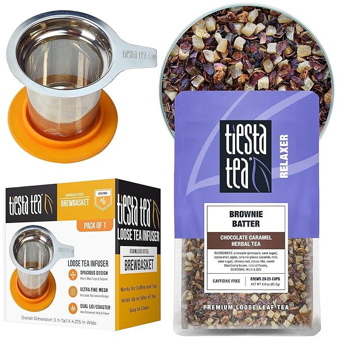 Tiesta Tea - Brownie Batter Herbal Tea and Brewbasket Infuser Bundle Chocolate Caramel Tea Non-Caffeinated 3oz Resealable Pouch with 5oz Reusable Stainless Steel Strainer