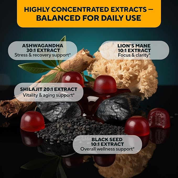 Himalayan Shilajit Gummies - Sugar Free Natural Shilajit Gummies with Fulvic Acid Ashwagandha Lions Mane Black Seed - Immune &amp Energy Support - 120 Count