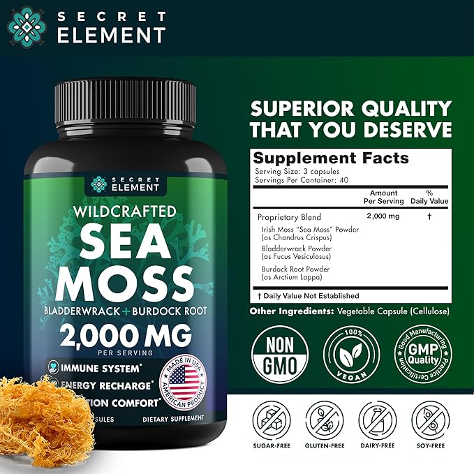 Secret Element Sea Moss Capsules with Burdock Root Bladderwrack &amp Muira Puama – Plant-Based Sea Moss Supplement with Raw Powder – 120 Capsules
