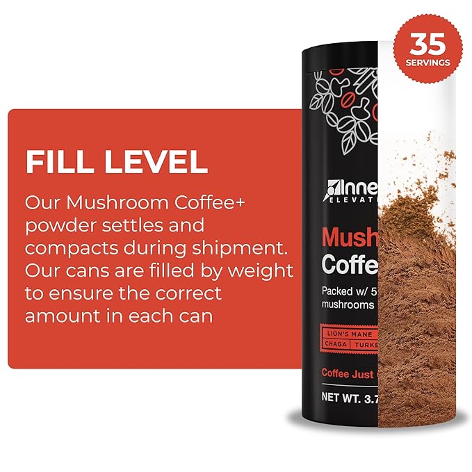 Inner Elevate Mushroom Coffee Superfood with 5 Adaptogenic Mushrooms - Upgraded Coffee Alternative with Half Caffeine - Arabica with Lion's Mane Cordyceps Chaga Reishi Turkey Tail and L-Theanine