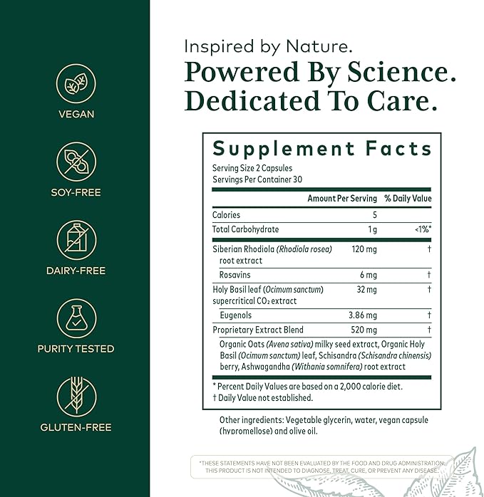 GAIA HERBS PRO Daytime HPA - Adaptogen Support Supplement - Nervous System Support Supplement with Olive Oil &amp Rhodiola* - Vegan Gluten-Free Soy-Free - 60 Liquid Phyto-Caps (30 Servings)