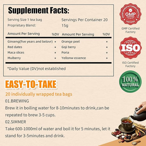 20 Pack Ginseng Kidney Tea-Ginseng Six Treasure teaEight Natrual Herbs Blend MulberryWolfberry-Traditional Chinese Herbal Kidney Tea Formula for Men &amp Women100% Plant Base(300g/Bag)