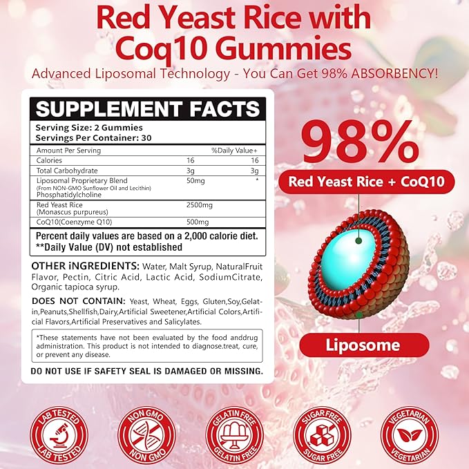 2 Pack Liposomal Red Yeast Rice with Coq 10 3000mg GummiesOrganic Red Yeast Rice Cholesterol Lowering Supplements Enhanced with Coq 10 for Heart Health SupportLiposomal Enhance 98% Absorption