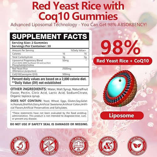 2 Pack Liposomal Red Yeast Rice with Coq 10 3000mg GummiesOrganic Red Yeast Rice Cholesterol Lowering Supplements Enhanced with Coq 10 for Heart Health SupportLiposomal Enhance 98% Absorption