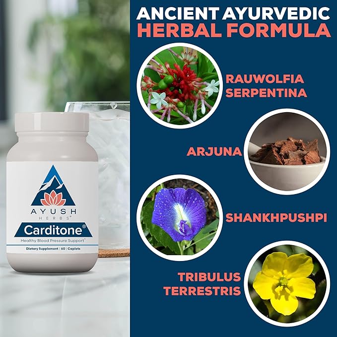 Ayush Herbs Carditone - Natural Heart Health Supplement for Women &amp Men BP Formula Holistic Heart Support with Rauwolfia Arjuna Calcium and Magnesium - 60 Vegetarian Caplets (1 Count)