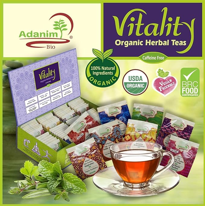 Adanim Bio Vitality Organic Herbal Tea Sampler Gift Box Caffeine Free 8 Unique Flavors for Tea Lovers 64 Individually Wrapped Tea Bags Variety Pack