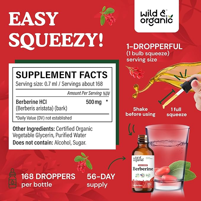 Wild &amp Organic Berberine Drops 500mg - Liquid Berberine Supplement HCL for Overall Support - Pure Extract Tincture - Vegan Alcohol &amp Sugar-Free - 4 fl oz