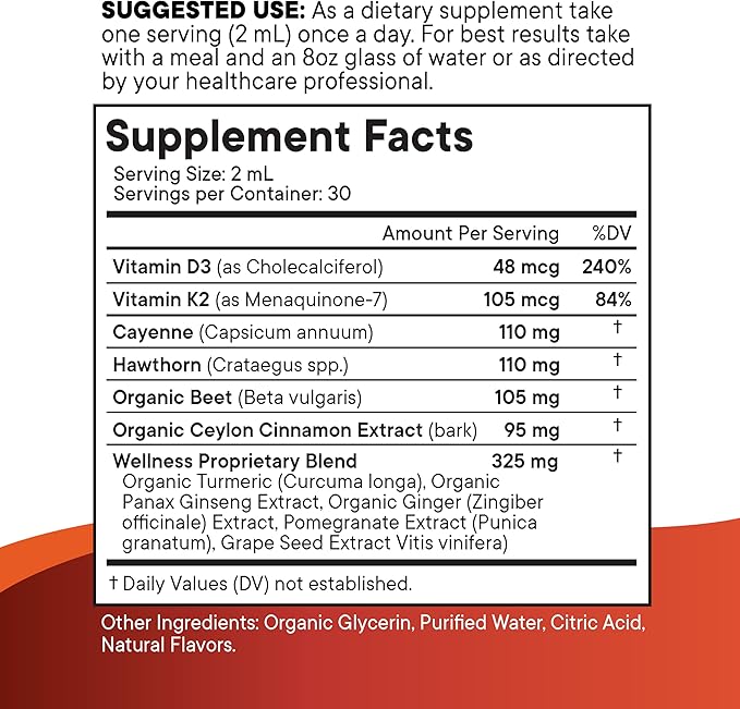 Cayenne Pepper Supplement Liquid Drops + Hawthorn Berry Vitamin D3 K2 Beet Root Powder Ceylon Cinnamon Turmeric Curcumin Organic Panax Ginseng - 8 oz
