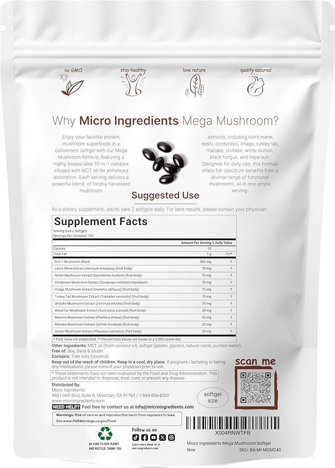 Micro Ingredients 10‑in‑1 Mega Mushroom Complex Supplement – Lions Mane Cordyceps Reishi Chaga &amp More – 240 Softgels with MCT Oil – 4 Month Supply – Adaptogenic Functional Mushroom Blend