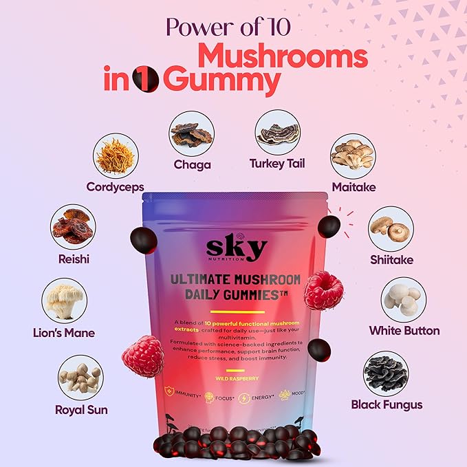 Mushroom Gummies - 10-in-1 Advanced Complex w/Lions Mane Reishi Cordyceps Turkey Tail - Focus &amp Brain Support - Raspberry Flavored 60 Vegan Lions Mane Mushroom Gummies for Adults