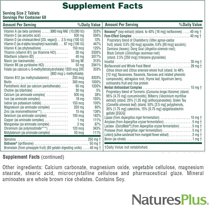 NaturesPlus Source of Life Women - 120 Tablets - Multivitamin &amp Mineral Supplement - with Iron Calcium Folate &amp Lutein - Gluten Free Vegetarian - 60 Servings