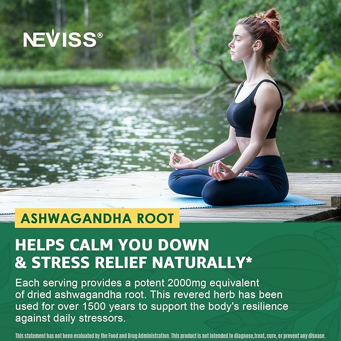 NEVISS Ashwagandha Gummies 2000mg Feel Refreshed Plus Proprietary Blend with L-Theanine 5-HTP Lemon Balm Magnesium for Calm Zzzs &amp Relaxation Support 120 Count