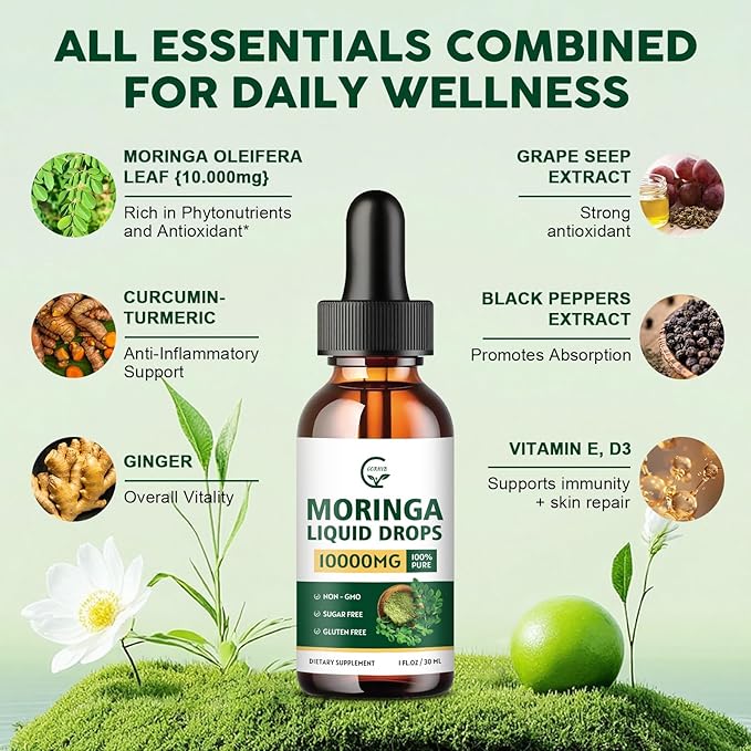 (2 Pack) Organic Moringa Liquid Drops Moringa Supplement with Turmeric Black Pepper Grape Seed Extract Pure Moringa Oleifera Leaf Extract for Skin Gut Immune Support More Potency Than Powder