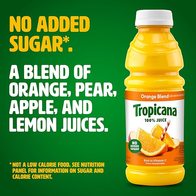 Tropicana 100% Juice Orange Blend Single Serve 15.2 fl oz Bottles (Pack of 12) - Real Fruit Juice Vitamin C Rich No Added Sugars No Artificial Flavors