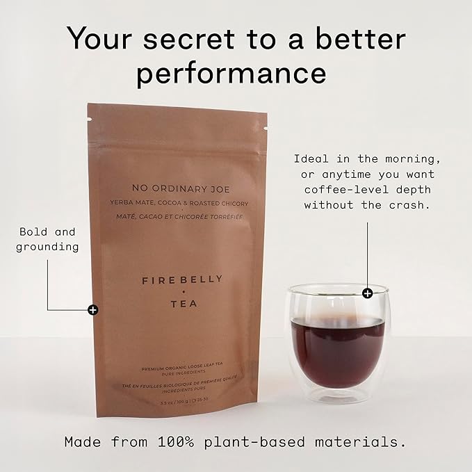 Firebelly Tea No Ordinary Joe Organic Yerba Mate Loose Leaf Tea with Cocoa and Roasted Chicory Coffee Alternative Herbal Tea Smooth Energy Bold Flavor 3.5 oz Pack of 1