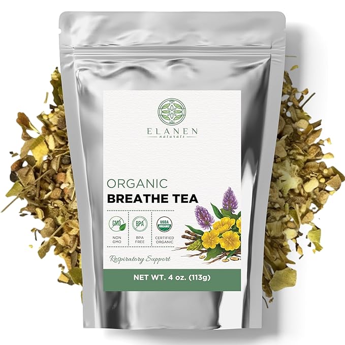 Elanen Naturals Organic Breathe Tea 4 oz. (113g) USDA Certified Organic Lung Tea for Bronchial Wellness and Smokers Respiratory Blend Gordo Lobo Herbs Loose Leaf Mullein Detox Lungs Cut &amp Sif