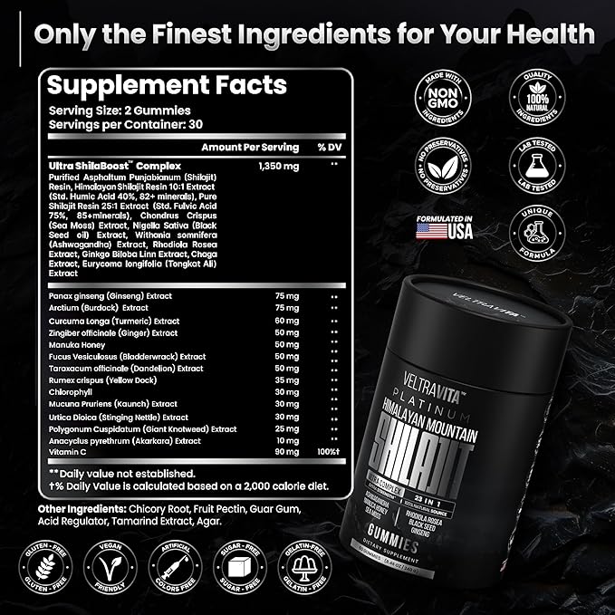 28000 mg 23-in-1 Himalayan Shilajit for Men Ashwagandha Gummies Platinum Irish Sea Moss Gel Black Seed Oil Manuka Honey Medical Grade Tongkat Ali Rhodiola Rosea No Sugar Lab Test
