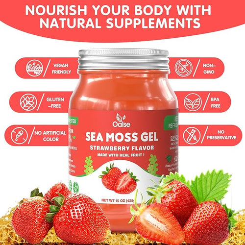 15 OZ Sea Moss Gel- Natural Wildcrafted Irish Seamoss Gel with 92 Minerals and Vitamins - Non-GMO Gluten-Free Vegan - Immune Defense Thyroid Digestive Support (Strawberry)