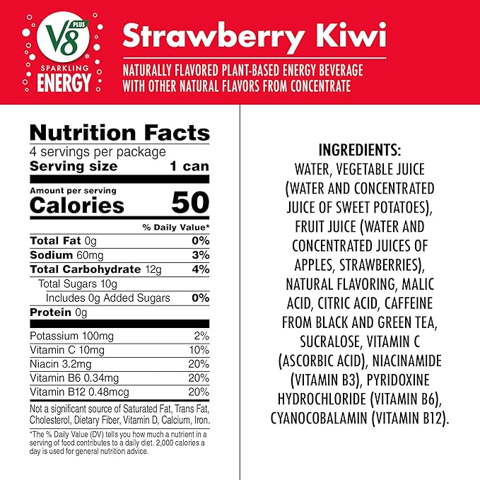 V8 +Energy Strawberry Kiwi Can | Sparkling | Juice Energy Drink | 11.5 fl oz | Pack of 16