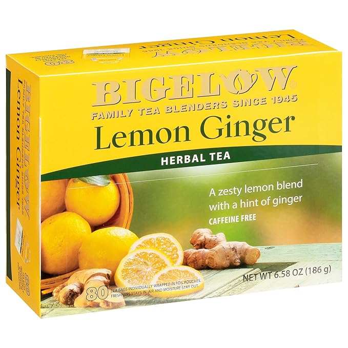 Bigelow Lemon Ginger 80 Count Box (Pack of 1) Caffeine Free Herbal Tea  80 Tea Bags Total