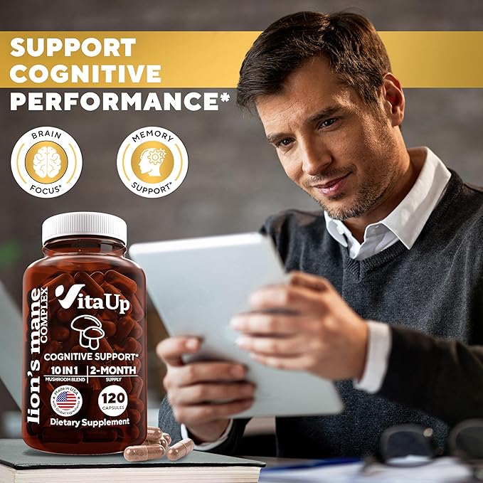 Lions Mane Supplement Capsules - USA Made 10 in 1 Mushroom Supplement - Mushroom Complex with Lions Mane Cordyceps Turkey Tail Reishi Shiitake for Cognitive &amp Immune Support - 120 Count