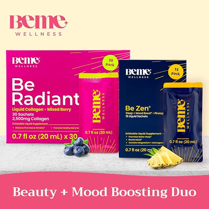 BeMe BeRadiant Berry &amp BeZen Bundle - Liquid Collagen &amp Magnesium Glycinate L-Theanine Supplements