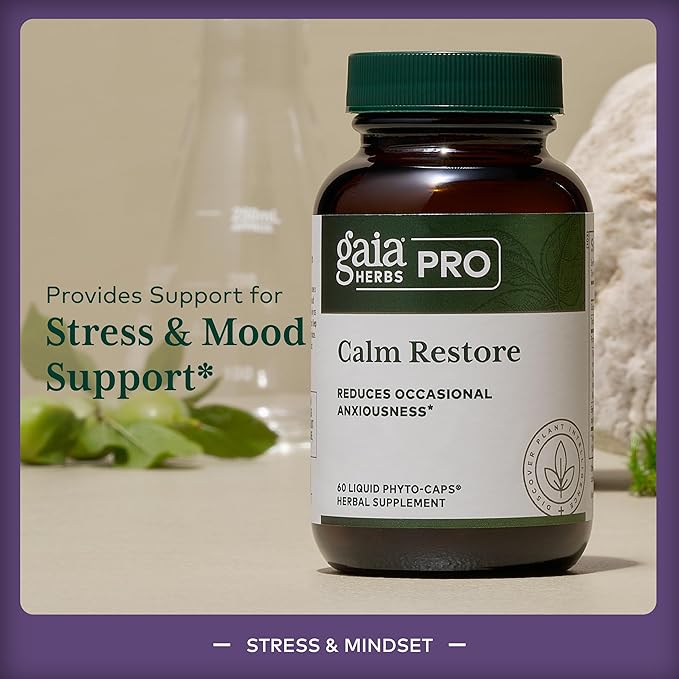 GAIA HERBS PRO Calm Restore - Nervous System Support Supplement* - Calm Support Supplement* with Skullcap Chamomile Holy Basil &amp Lavender - 60 Liquid Phyto-Caps (20 Servings)