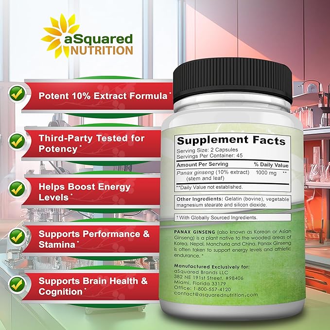 aSquared Nutrition Natural Korean Panax Ginseng (1000mg Max Strength)-90 Capsules Root Extract Complex (Red &amp White) High Dosage Ginsenosides in Seeds Asian Powder SupplementTablet Pills for En