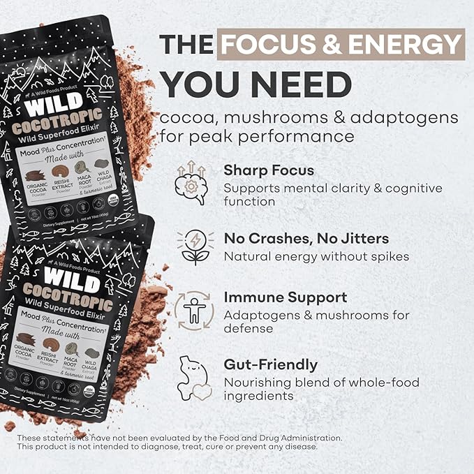 Wild Cocotropic Organic Mushroom Cocoa Mix - Healthy Vegan Hot Chocolate Mix - Organic Cacao Powder Reishi Chaga Maca Turmeric - 3rd Party Tested - Sugar Free - Keto &amp Paleo - (2 packs of 16oz