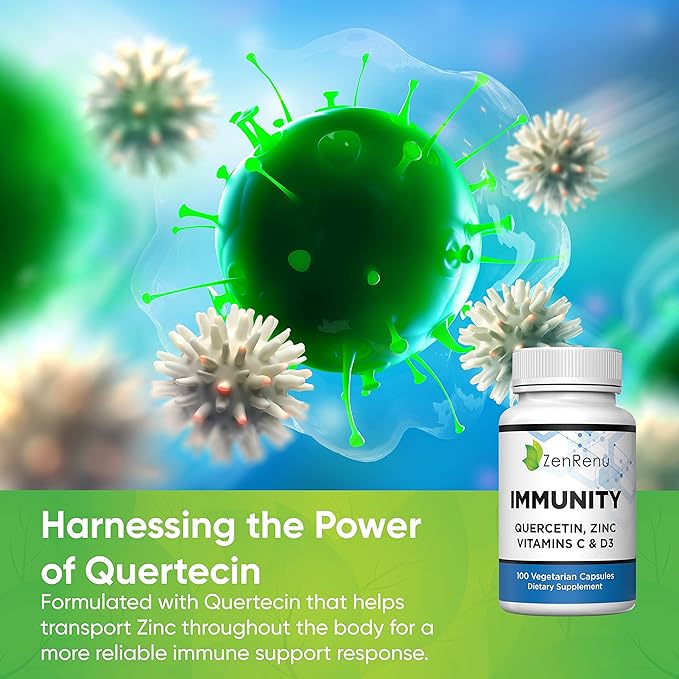 Zenrenu Immunity Quercetin 700 mg Zinc Vitamin C Vitamin D Immune Support Supplement with Curcumin - Easy to Absorb Immunity Supplement 100 Vegetarian Capsules 50 Day Supply